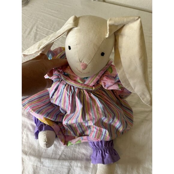 Vtg 80s Folk Art Hand Made Easter Bunny Rabbit Plush Doll Whimsical Dress Apron - Picture 10 of 11